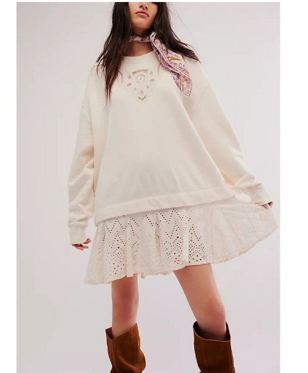 Free People Prairie Sweatshirt Tunic Eyelet Oat Combo Lace Vintage Inspired