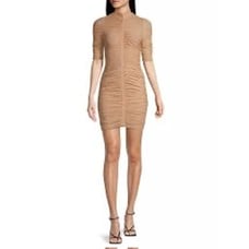 NEW Black Halo Meadow Ruched Mesh Tan Mock Neck Mini Short Sleeve Dress Size 2