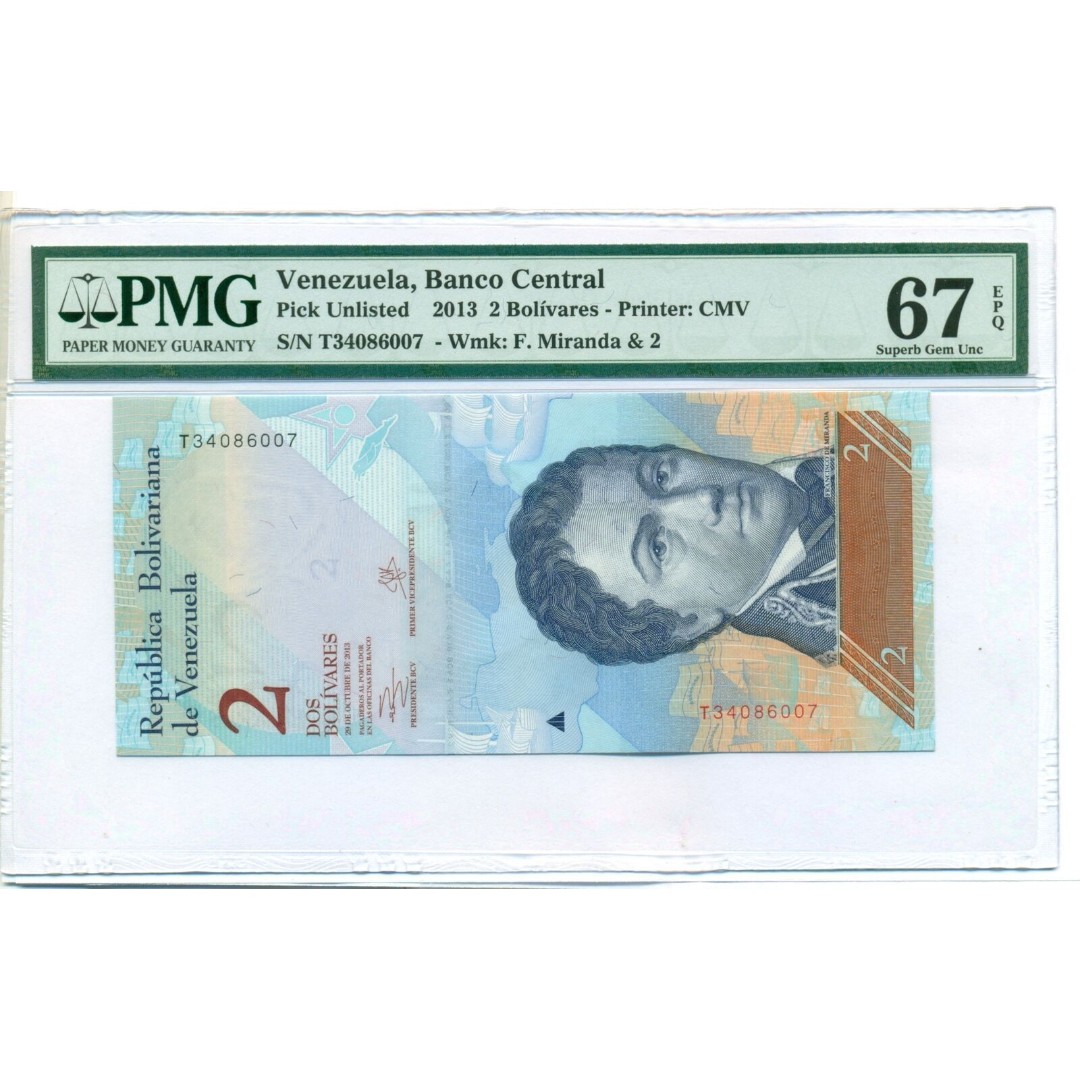 Venezuela 2013 2 Bolivares Bank Note Superb Gem Unc 67 EPQ PMG