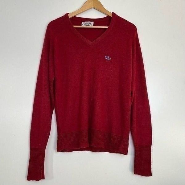 Vintage Izod Lacoste Blue Crocodile Logo Burgundy V Neck Sweatshirt Small Medium