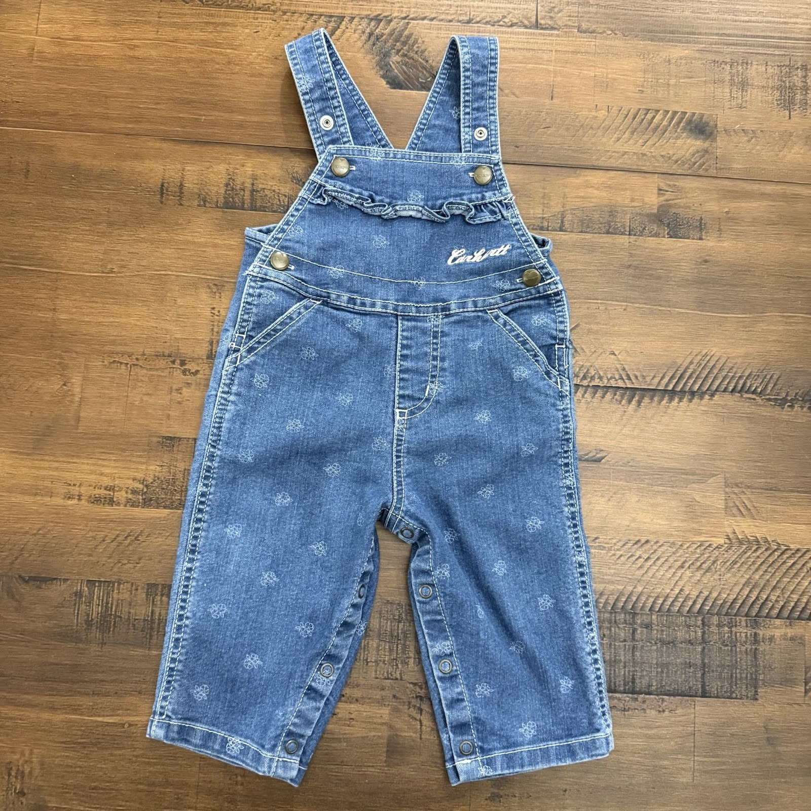 Carhartt Overalls Denim Girl Size 12M White Flowers Pink Lettering Ruffle
