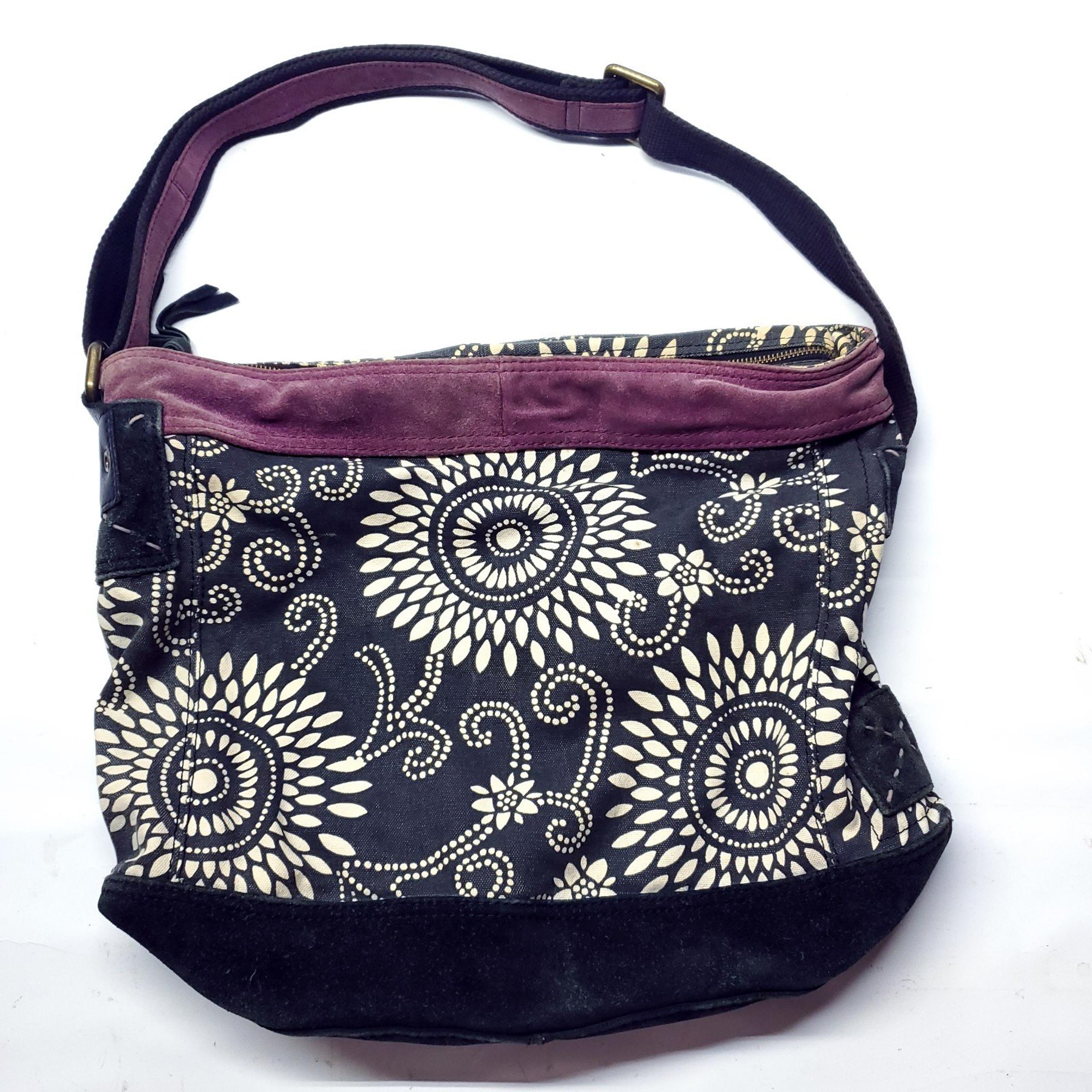 Lucky Brand Canvas Suede Tote Boho Bag with White Flowers