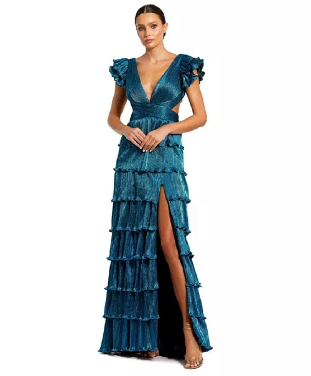 Mac Duggal Women's Blue Ruffle Tiered Criss Cross Lace Up Gown - Size 12