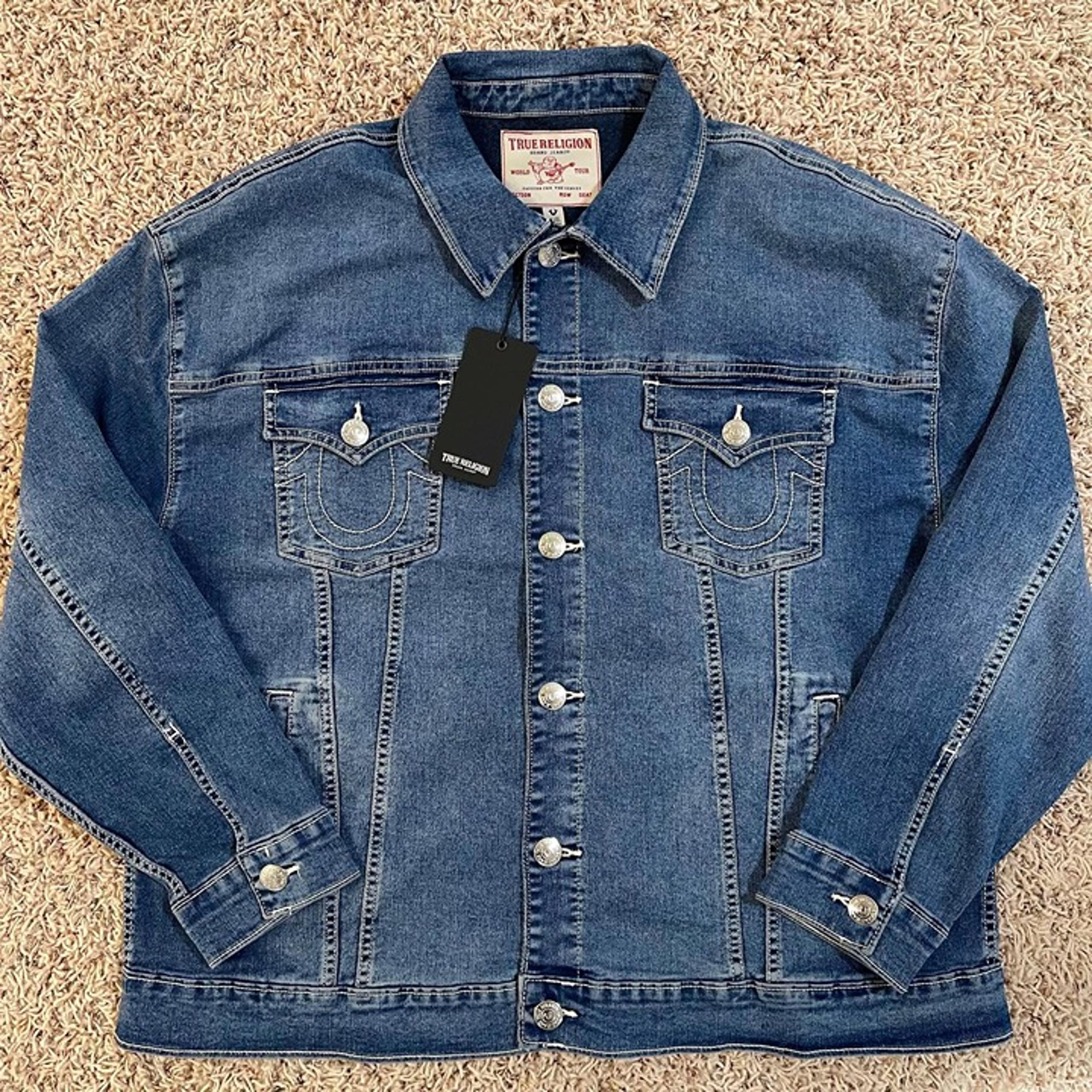 True Religion Women’s Oversized Glitter Metallic Logo Denim Jacket Size XL (New)