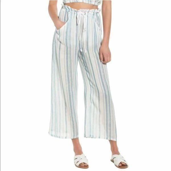 Show Me Your Mumu Peterson Wide Leg Flowy Cropped Stripe Pants Blue White Small