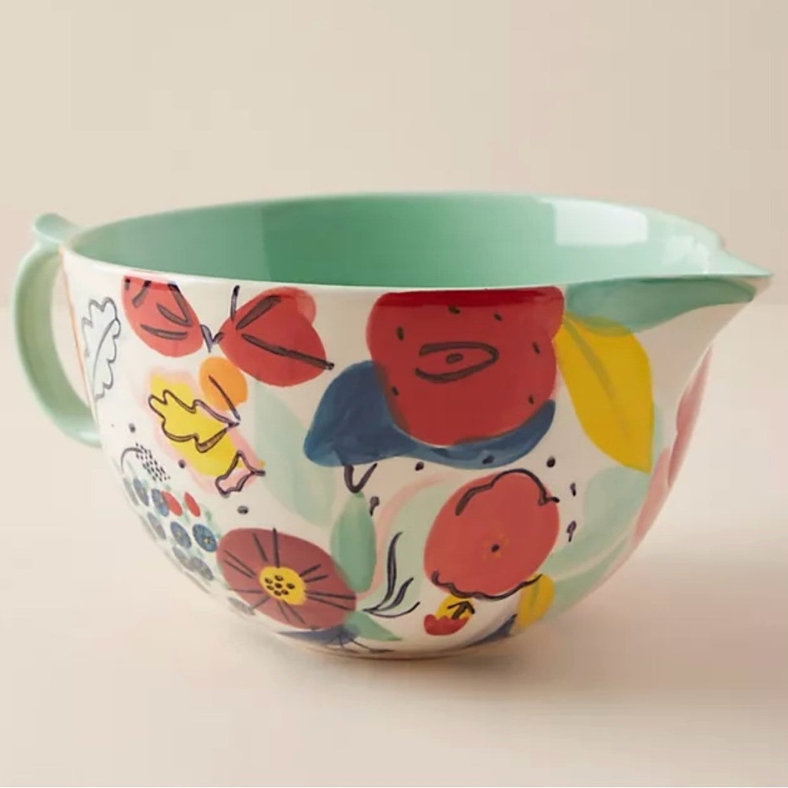 Anthropologie Milton Floral Mixing Bowl with Handle and Spout Kitchen Cooking