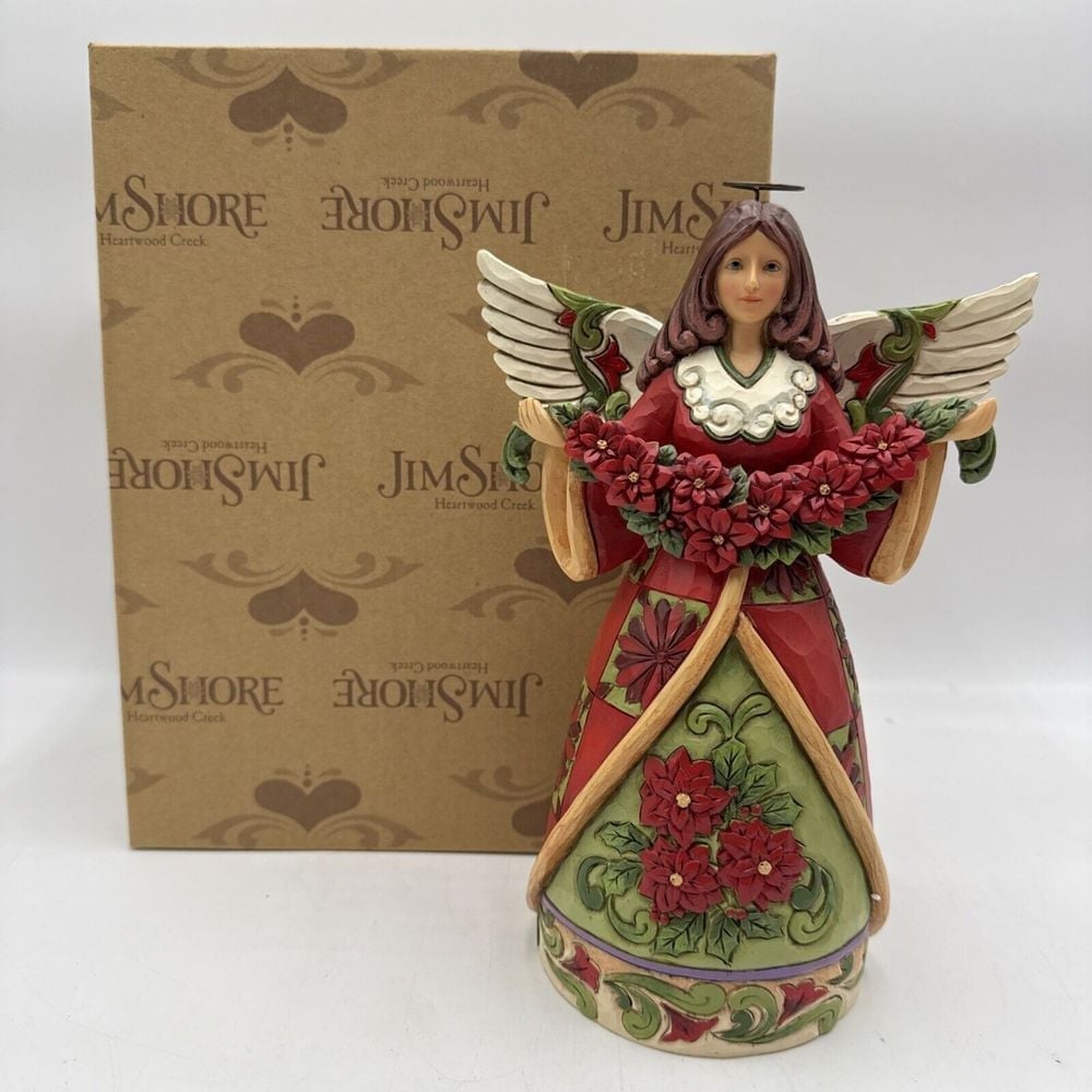 CHRITMAS BEAUTY ANGEL Jim Shore Heartwood Creek Red/Green with Poinsettia 2013