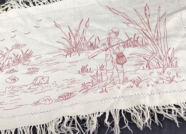 Vintage hand embroidered red work hunting scene dog & hunter
