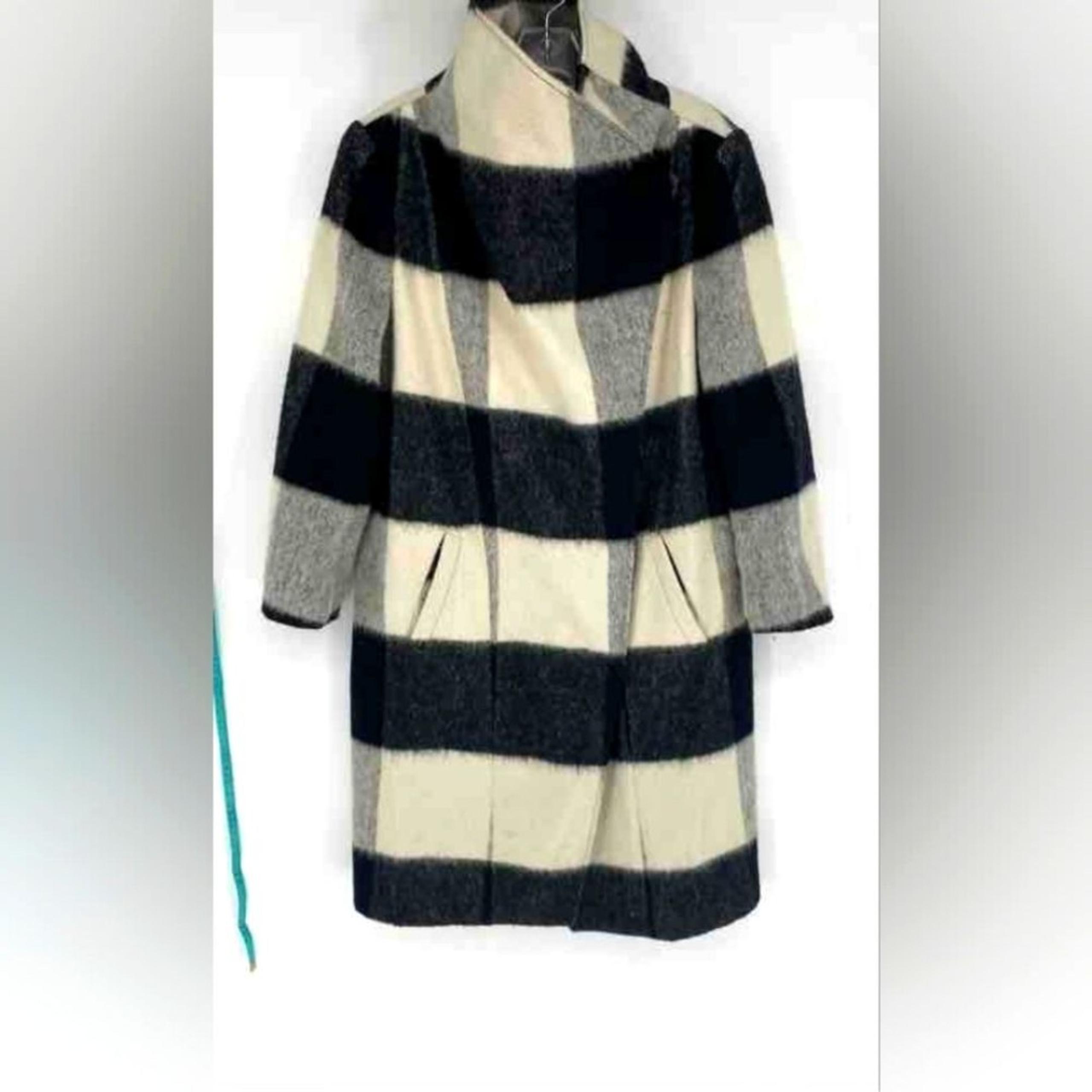 Express Womens Cream Black Plaid Pockets Long Sleeve Pea Coat Jacket Size Large