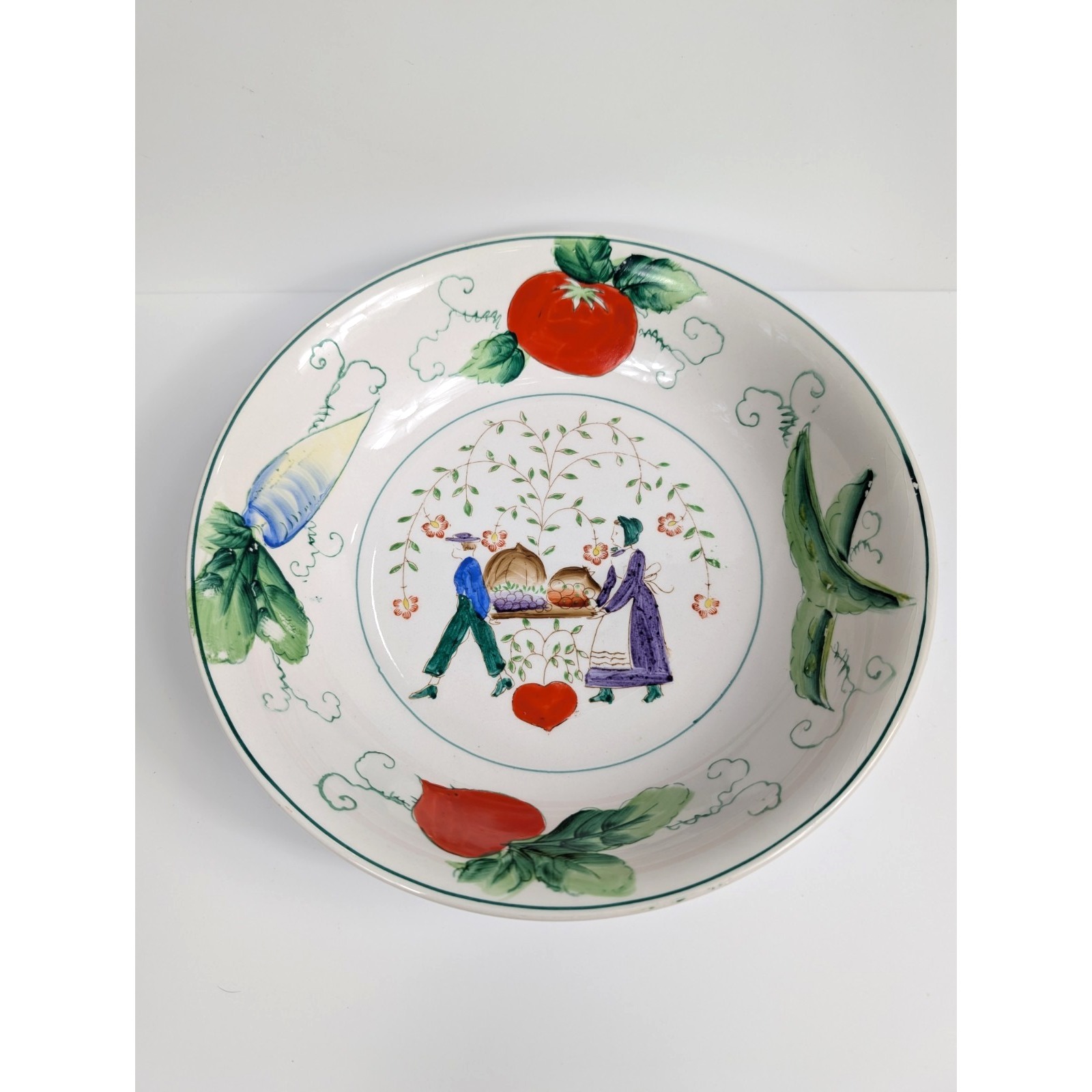 Hand Painted Folk Art Amish Dutch Farmers Vegetables Serving Bowl 10 Vintage