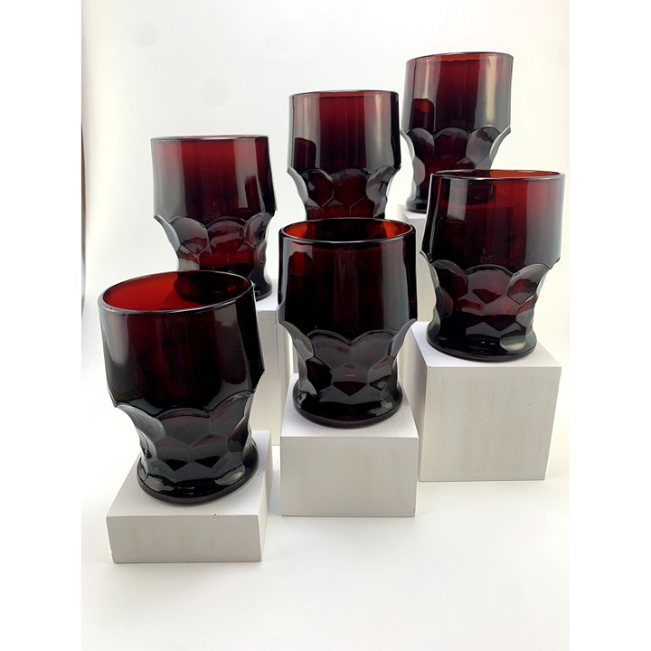 Vintage Mid Century Georgian Ruby Red Low Ball Scotch Glasses.
