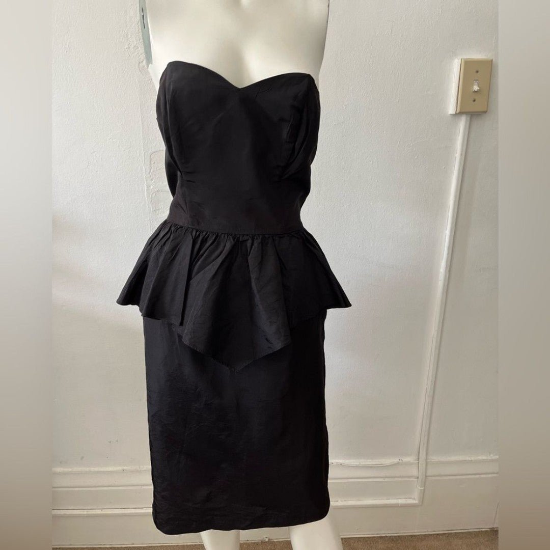 Vintage Wayne Diamond black Sweetheart tiered silky satin ruffled cocktail dress