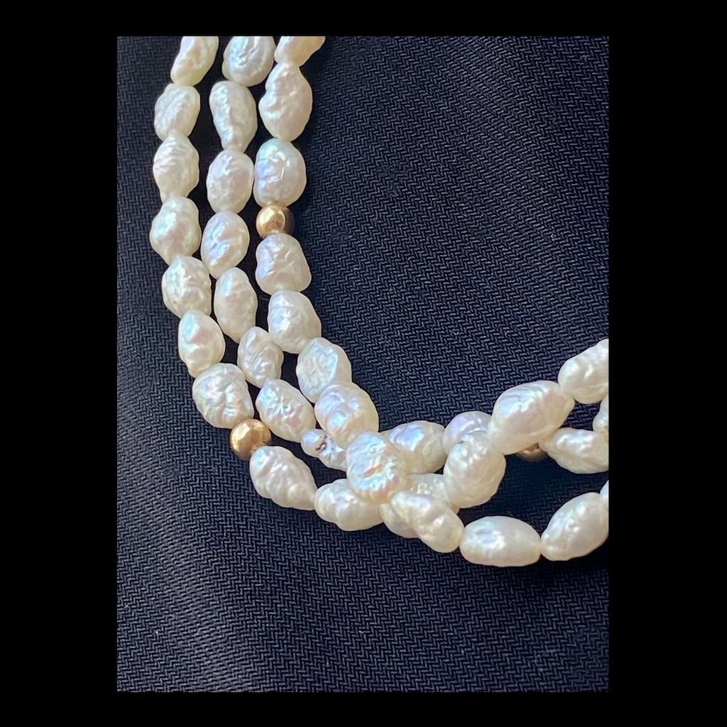 14kt Gold Triple Strand Rice Pearl Necklace & Bracelet Set