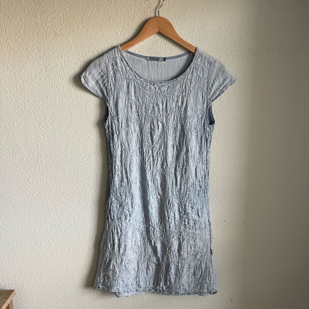Valentina Naldi Italian Linen Embroidered Mini Dress with Pockets in Chambray