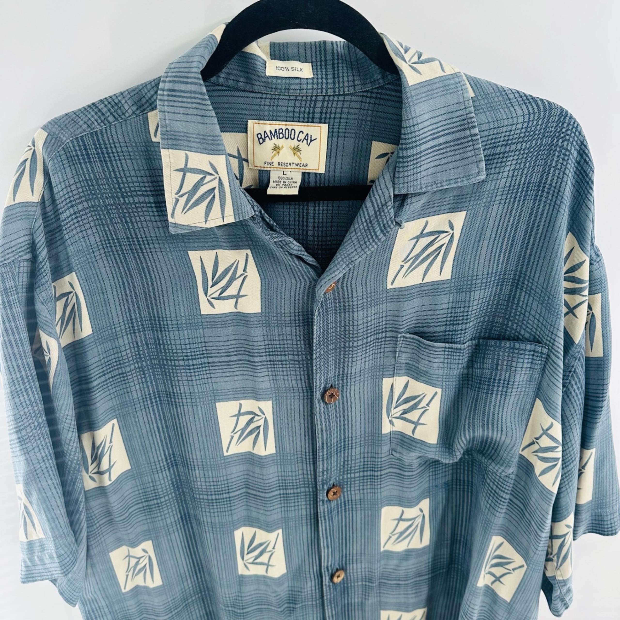 Bamboo Cay Silk Resort Shirt Bamboo Print Button Up Short Sleeve Large