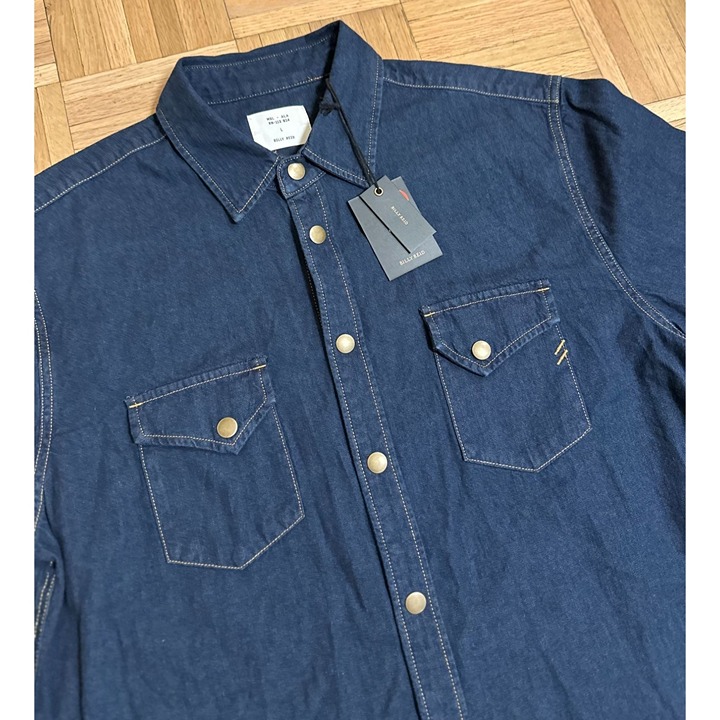 New Billy Reid Double Dye Shoals Denim Shirt Mens Large Brass Snap Button Blue