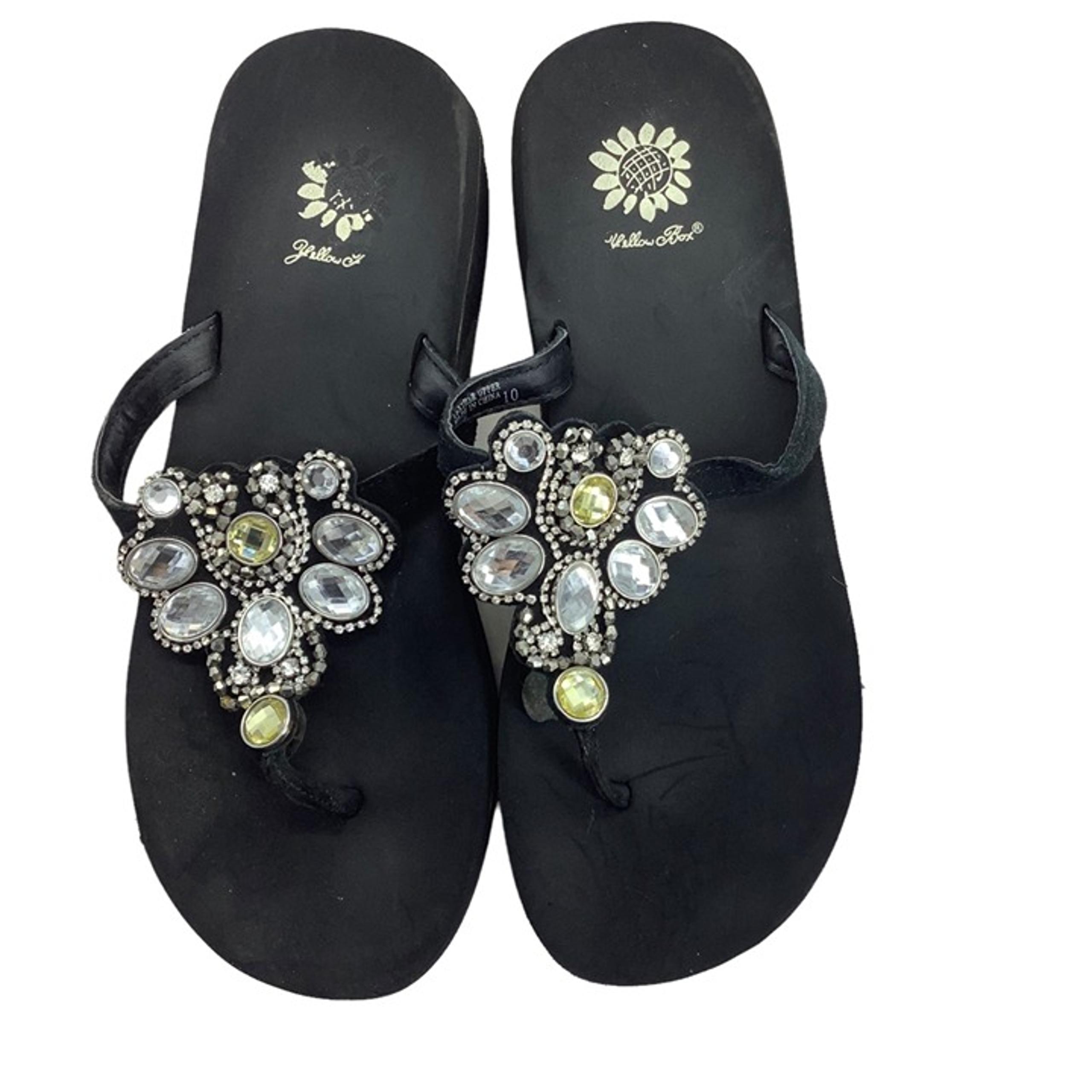 Yellow Box Rhinestone Flip Flops White Yellow Floral Leather Upper Women Size 10