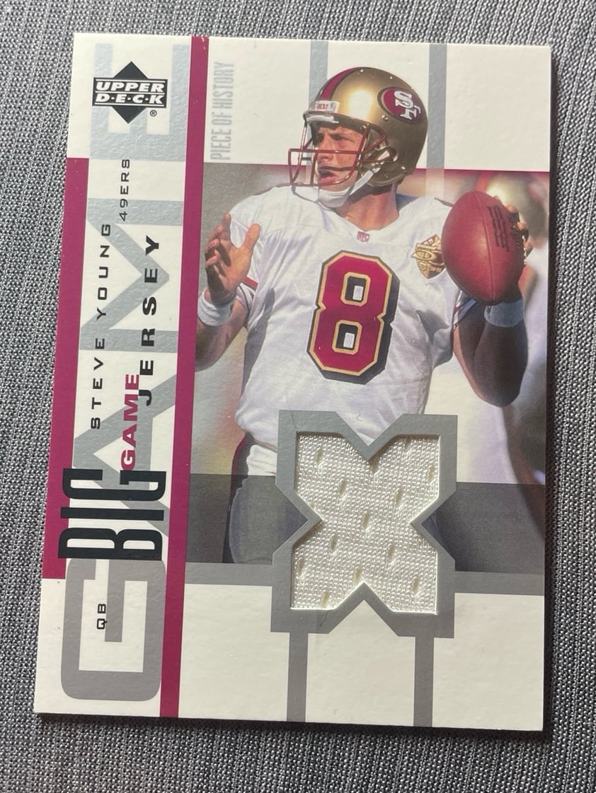 2002 Upper Deck Steve Young Game Worn Patch card #BGJ-SY “Big Game Jersey”