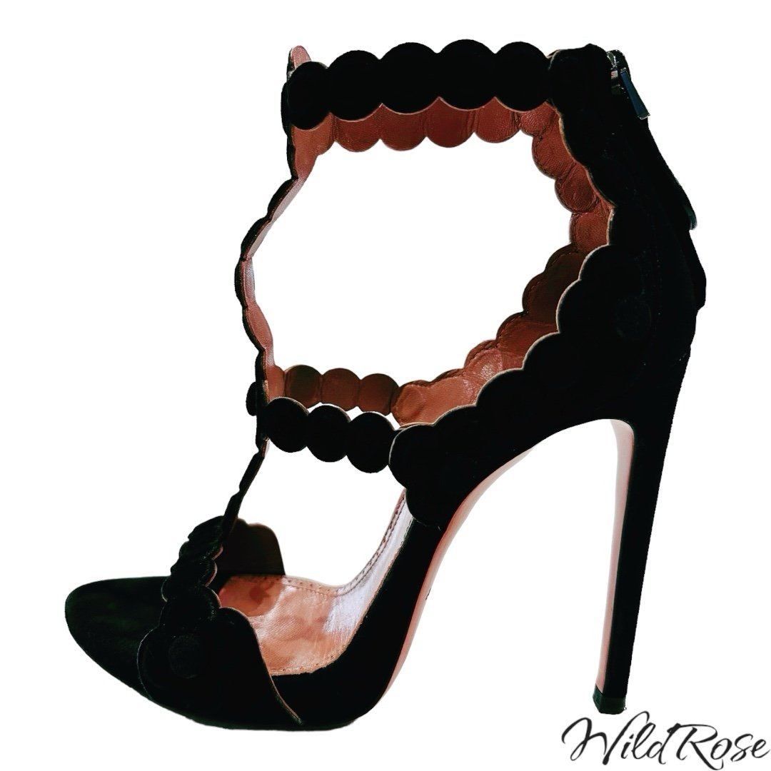 Alaïa Black Suede Floral Laser Cut Out Caged Gladiator Sandal Heels SZ 37
