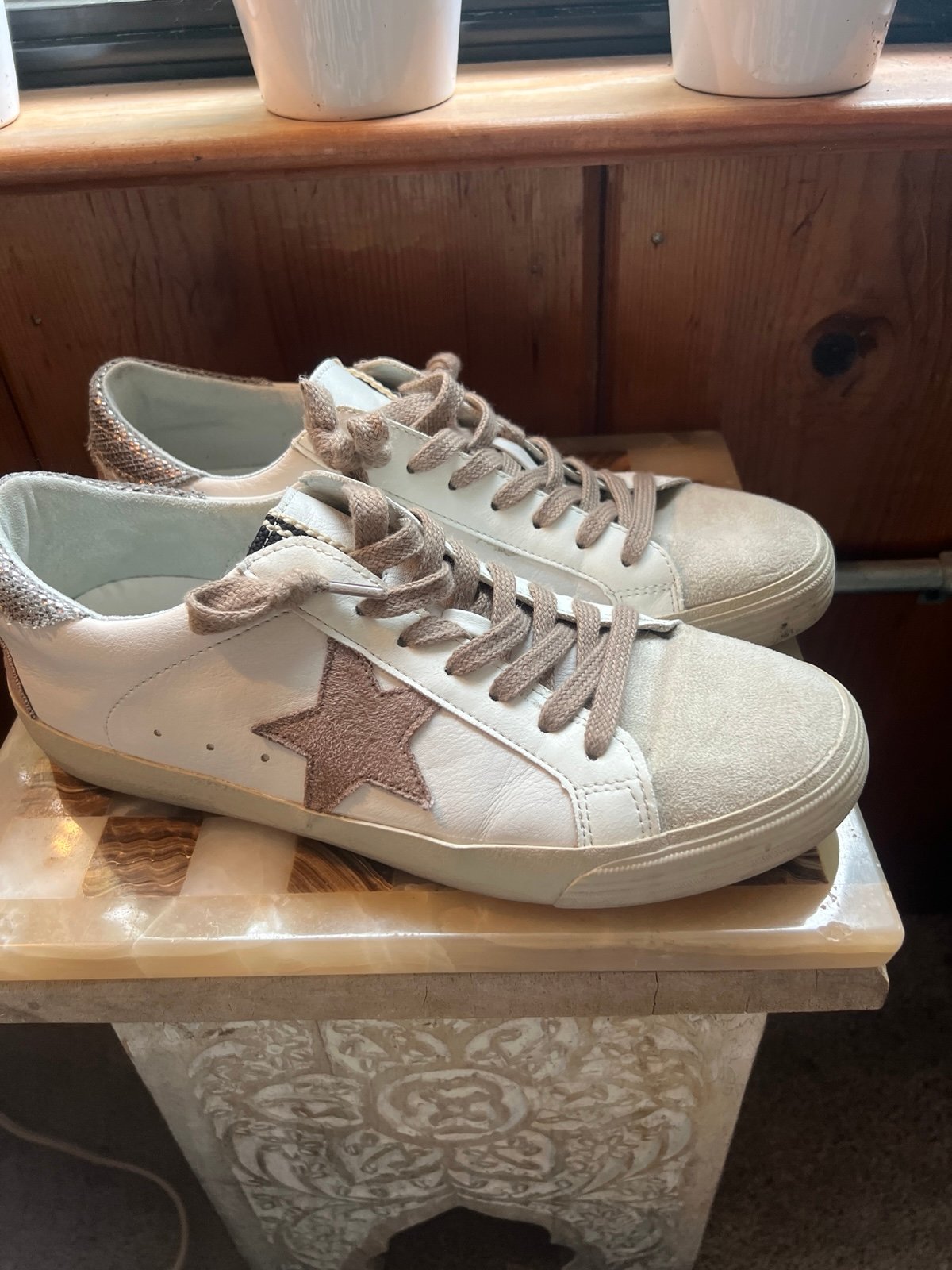 SHU SHOP PILAR LOW TOP SNEAKERS Star Shoe Leather Size 8.5 White Tan