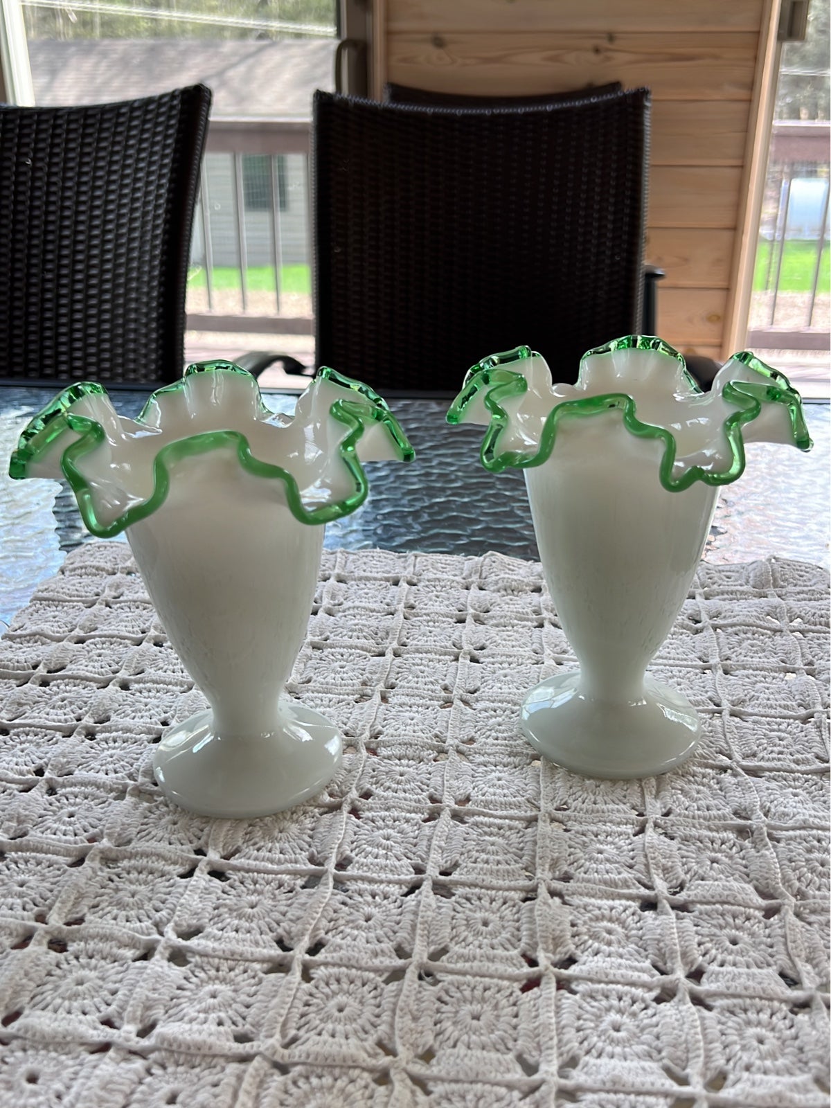 Fenton milk glass green crest ruffled cone vases pair of 2 Fenton milk glass green crest ruffled cone vases pair of 2