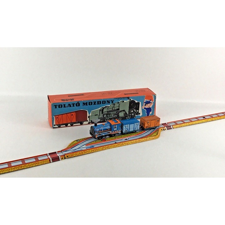 Tolato Mozdony Tin Freight Train Set Engine Car Track Wind Up Toy Vintage 1960s