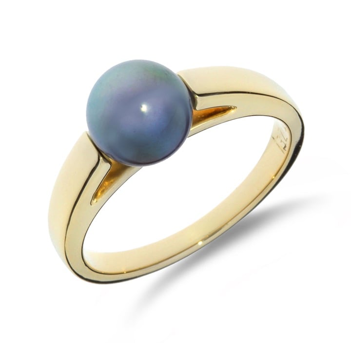 14K Yellow Gold 7.70mm Dark Grey Akoya Pearl Ring GR-2282