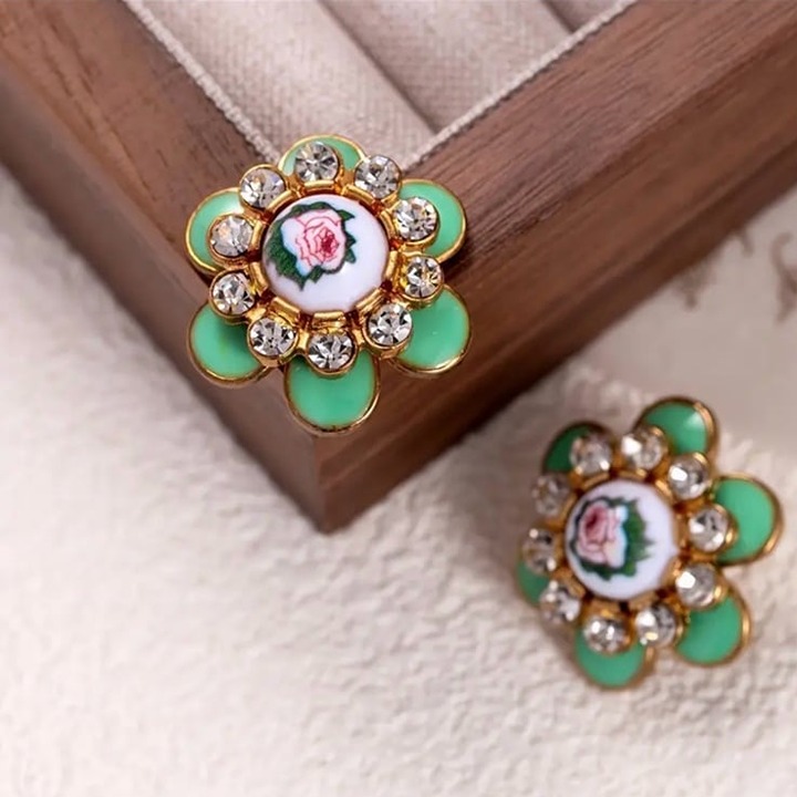 Vintage Inspired Floral Green and Gold Earrings