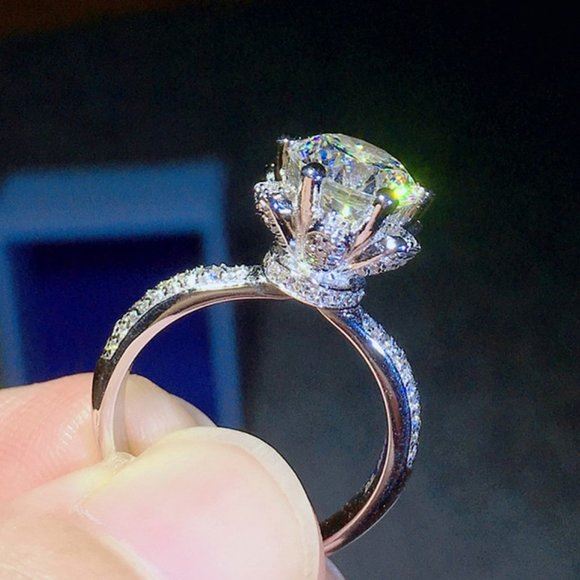 NEW Stamped 925/18K Diamond Flower Ring