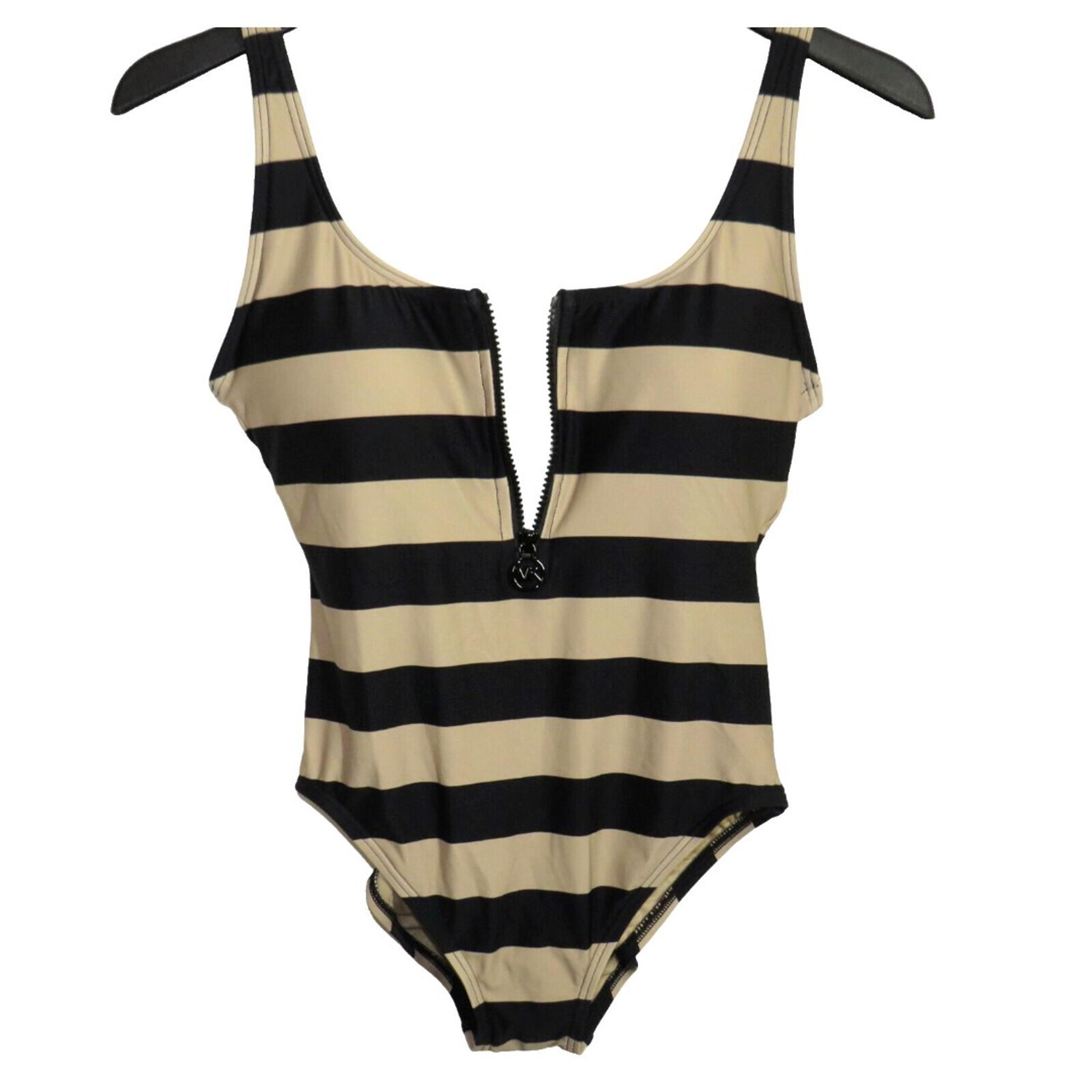 Michael Kors Tan + Black Striped Padded Wireless Zip One Piece Swimsuit Size 10