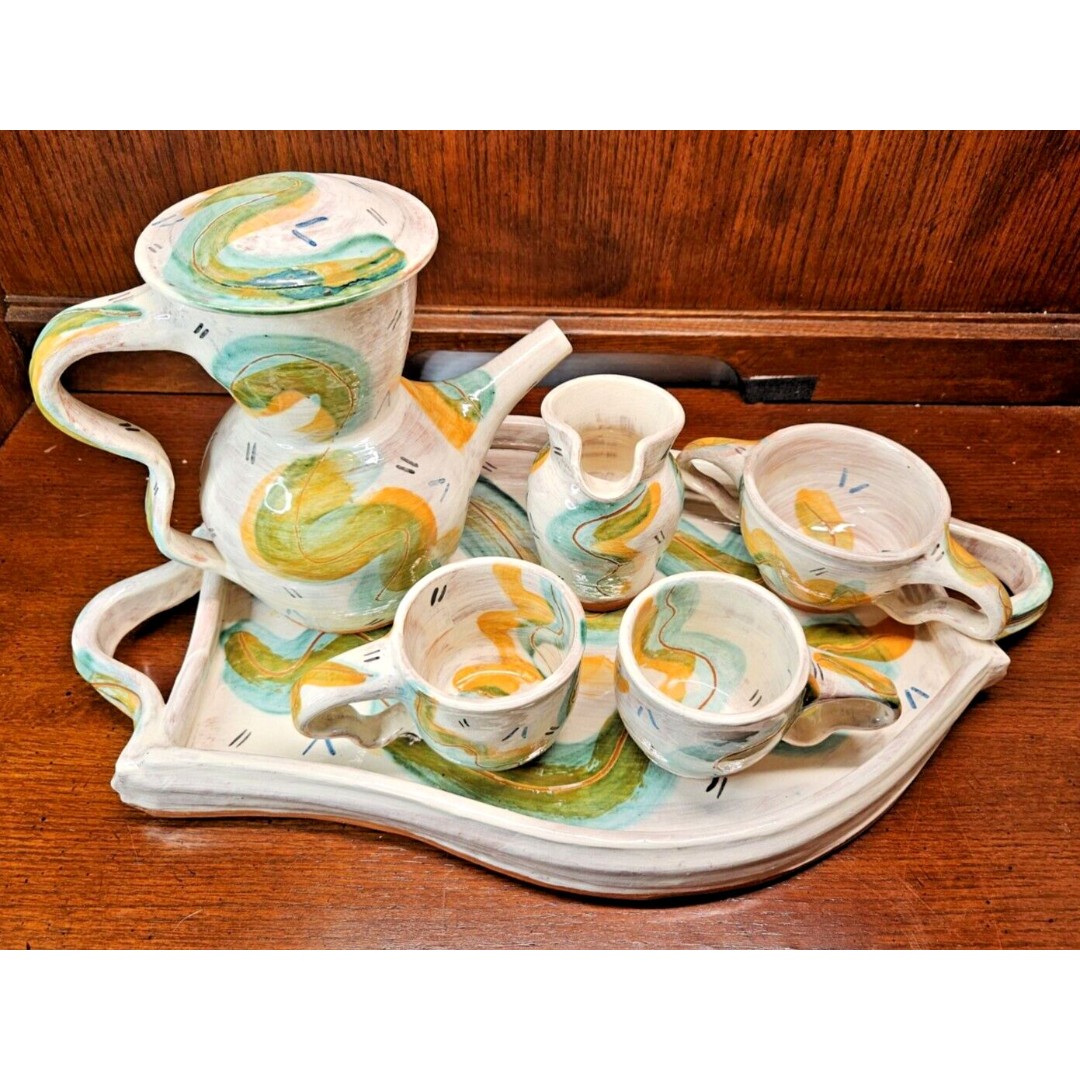Original Signed Vintage 7 Piece Handmade Pottery Hand Painted Heavy Redware
