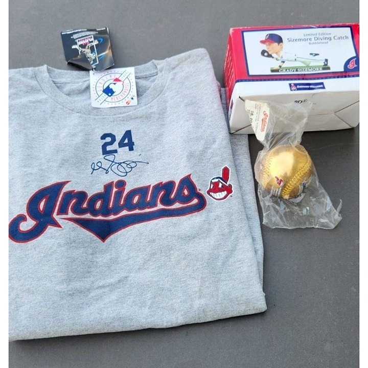 Chief Wahoo Grady Sizemore 2007 Rawlings Gold Ball  T-Shirt Bobblehead New