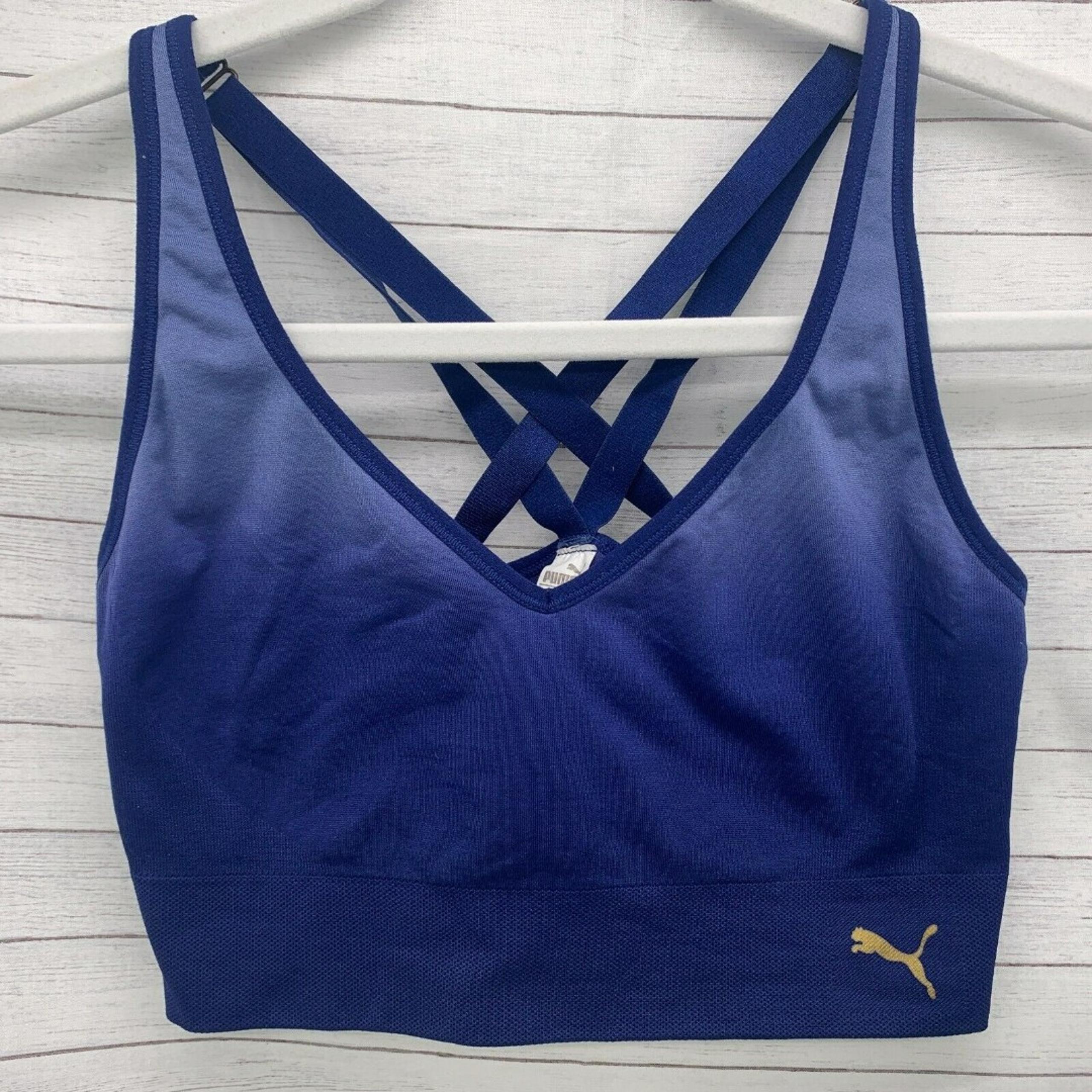 Puma Women’s Size M Sports Bra Blue Stretch Crisscross Straps Ombre