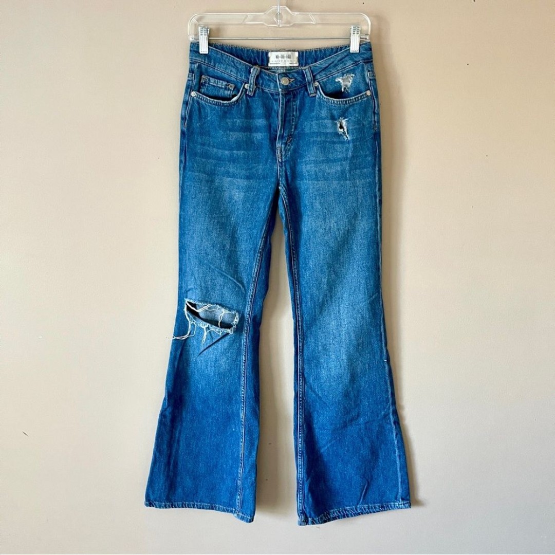 FREE PEOPLE Blue Relaxed Heritage Flare Distressed Button Fly Denim Jeans Sz 26