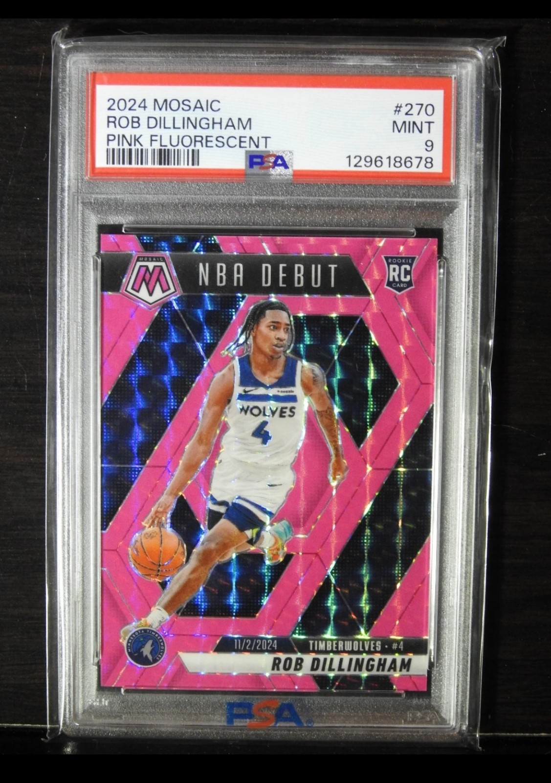 2024-25 Panini Mosaic Rob Dillingham NBA Debut #270 Pink Fluorescent /10 PSA 9