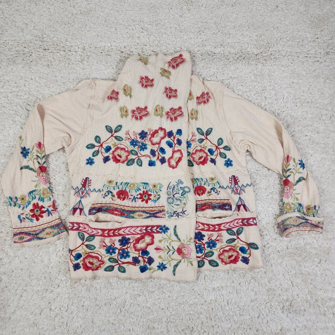 Jhonny Was Cardigan Womens XL Cream Krisley Embroidered Floral Stunning Open