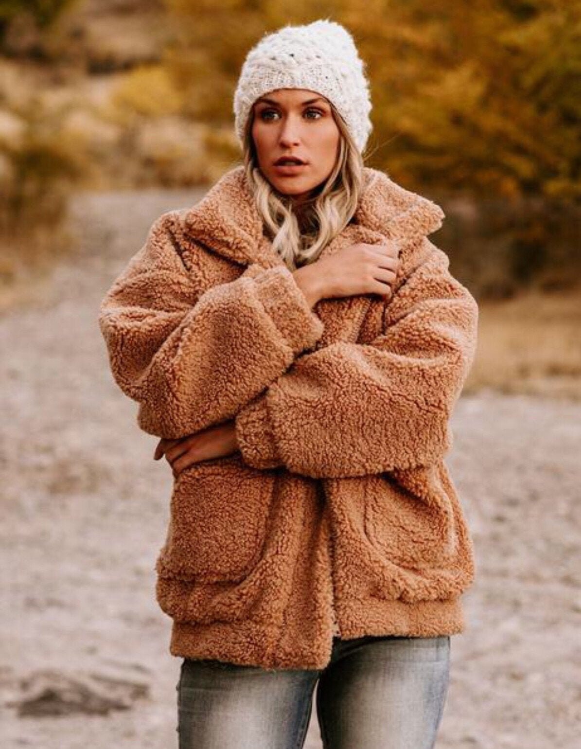 Women oversized Camel teddy bear sherpa fur jacket