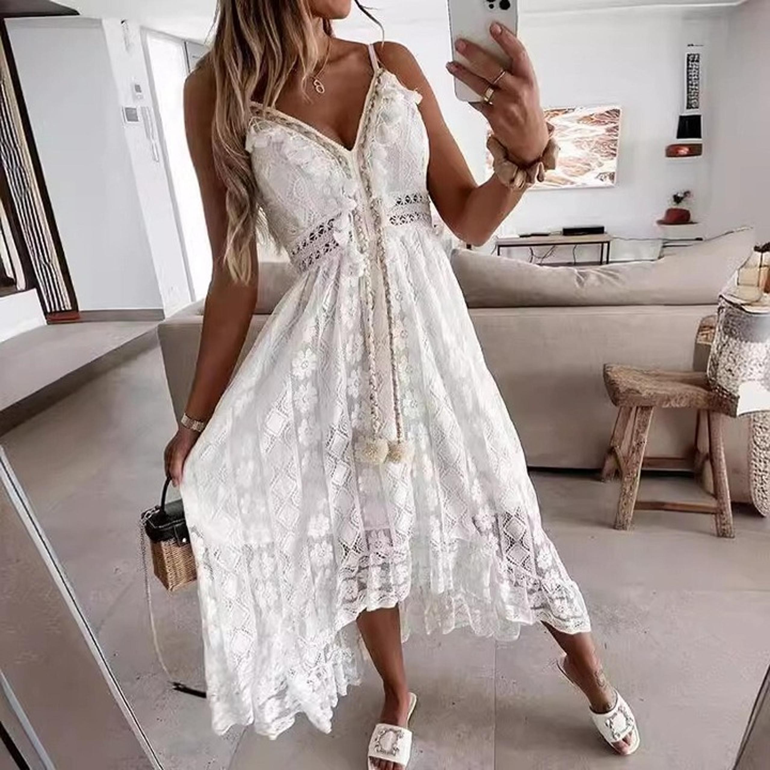 M - Women's Crochet Lace Maxi Dress Spaghetti Strap V Neck Cami Boho Sundress