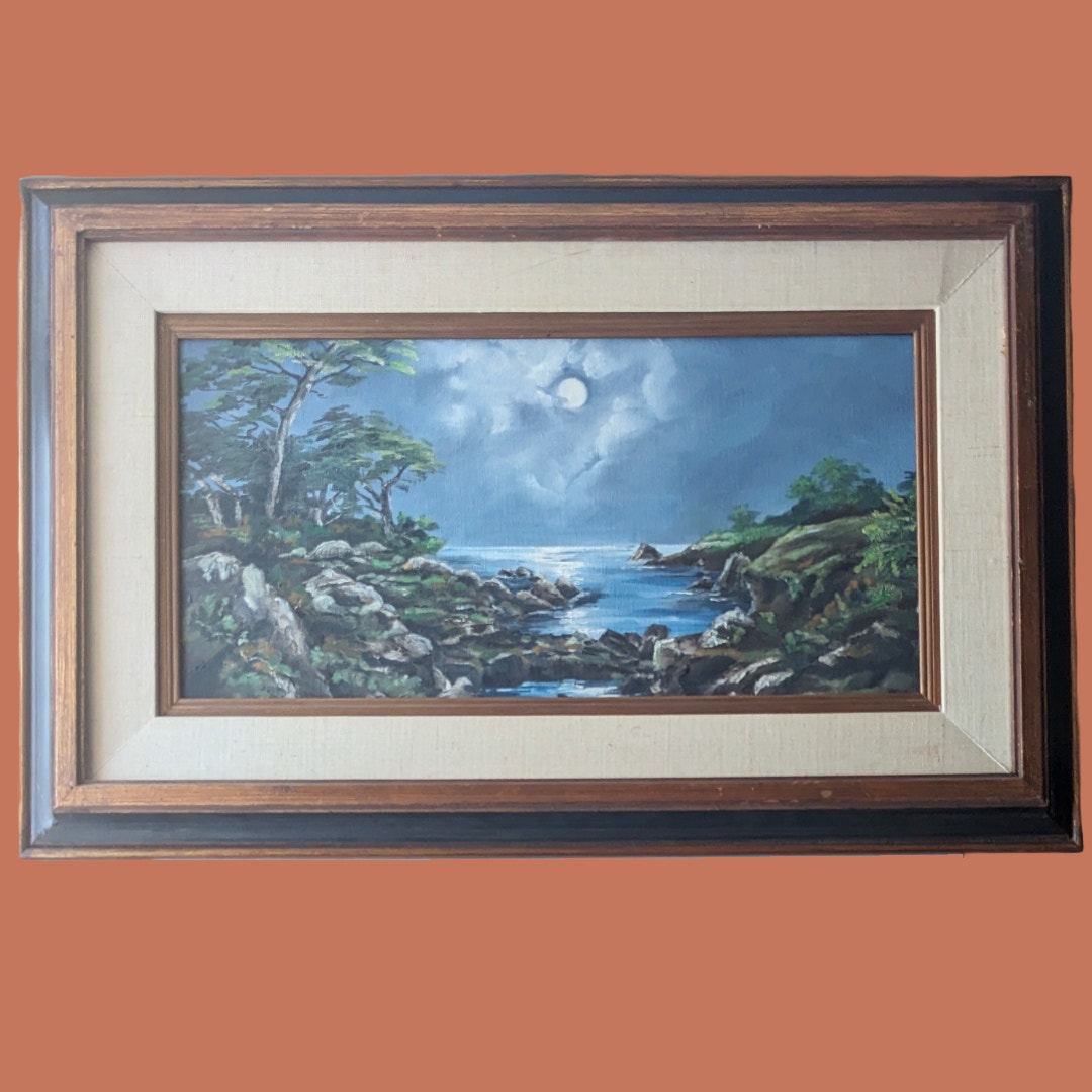 Vintage 1970s Mexican Moonlit Bay Framed Oil Painting, Unsigned