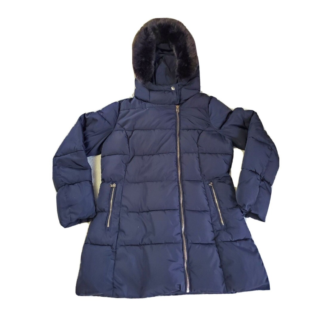 CALVIN KLEIN Women's Hooded Faux Fur Trim Puffer Ski Jacket - Navy Blue - Size M