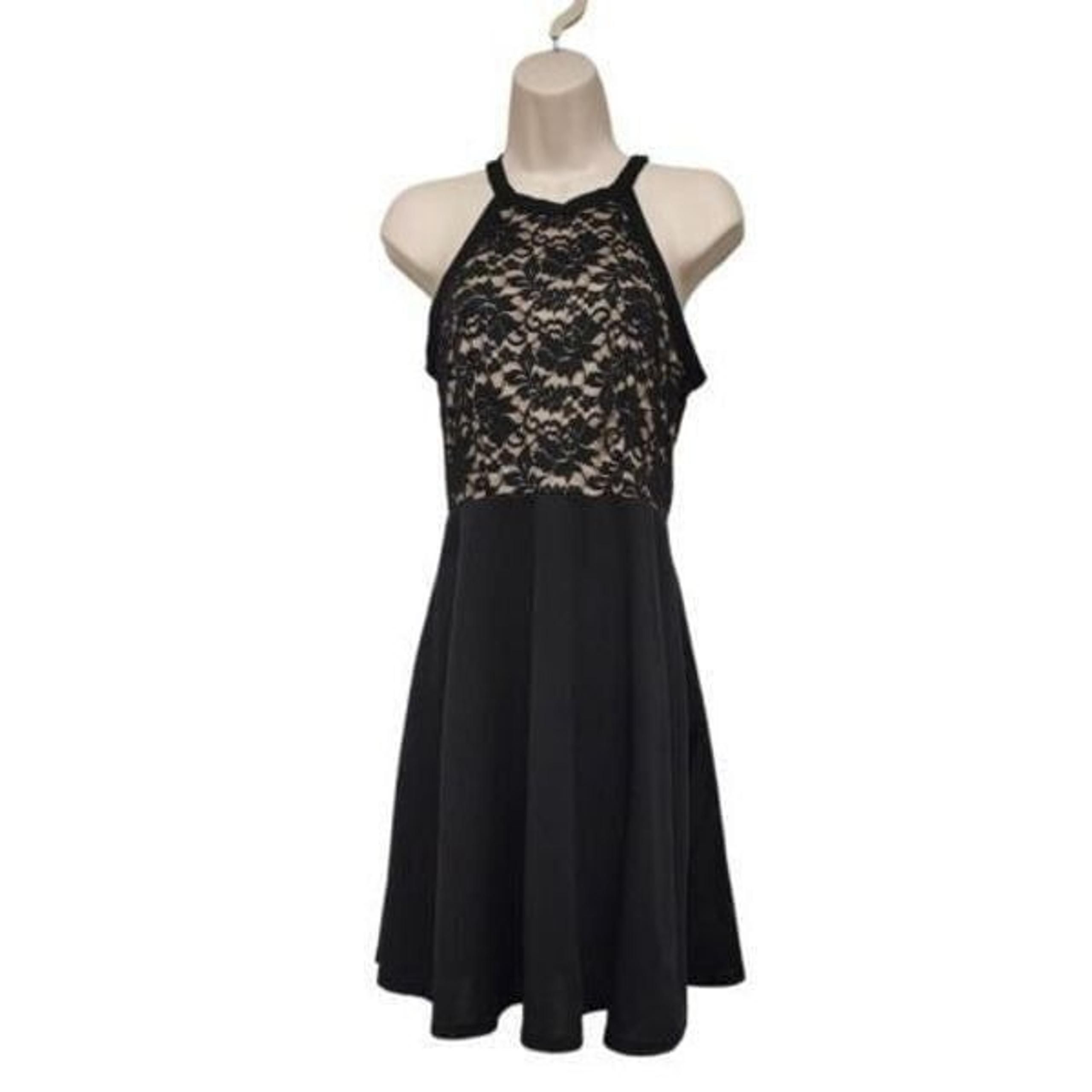 SHEIN  Women's Floral Lace Halter Neckline Sleeveless Flared Black Dress MEDIUM