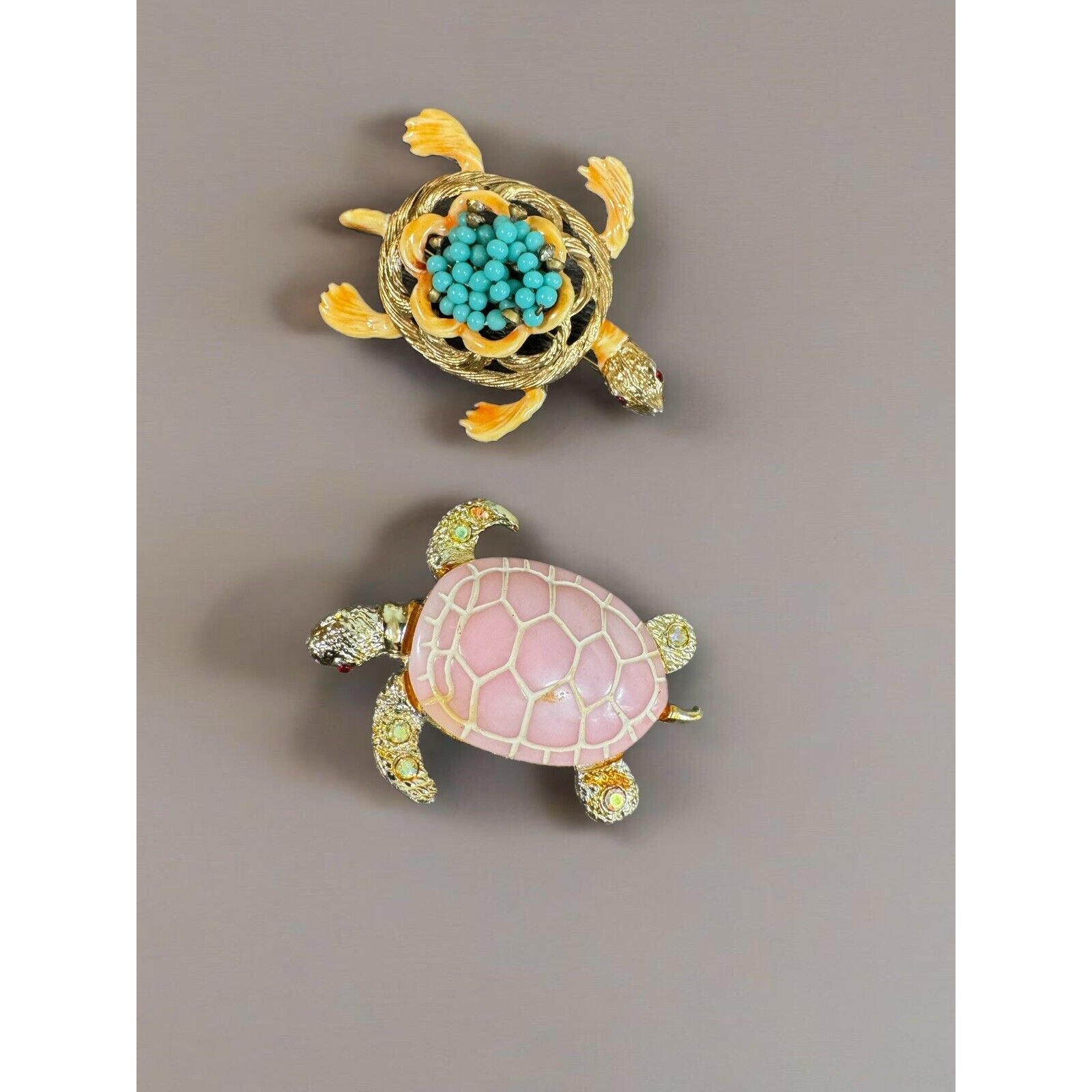Vintage Lot 2 Gold Tone Beaded Turquoise Turtle Tortoise Red Eyes Brooch HAR