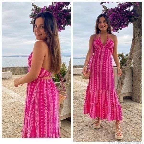 BLOGGER FAVE ZARA women's size large Pink Halter Midi Dress eyelet