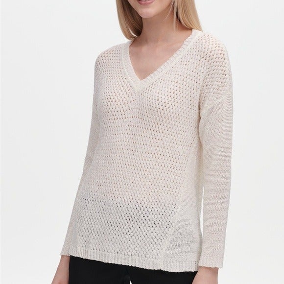 V-Neck Open-Stitch Sweater Size L
