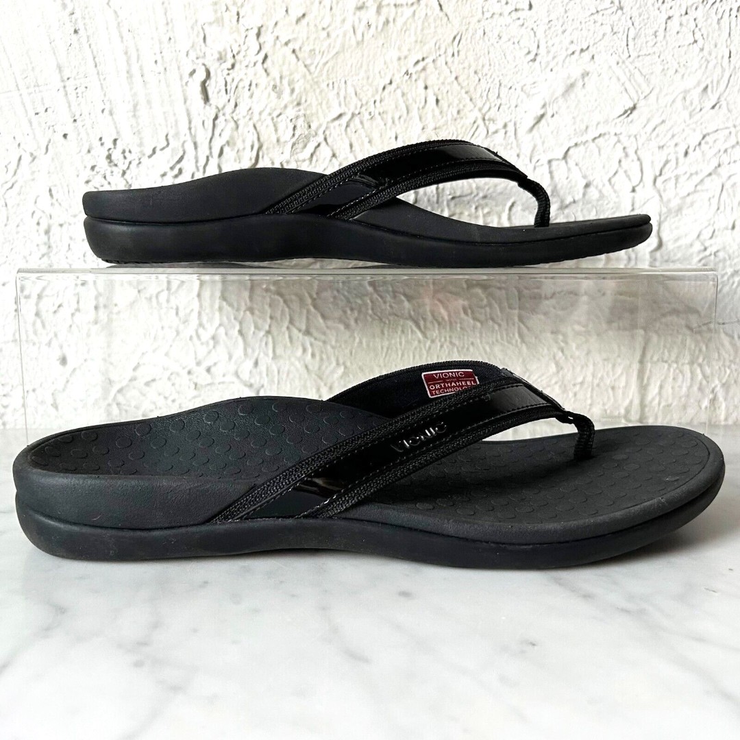 Vionic Tide II Toe Post Sandals Orthotic Black Textile/Patent Leather-Women's 10