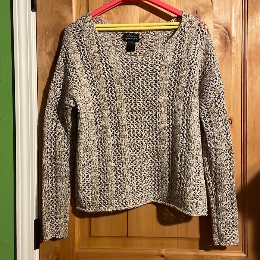 TORN by RONNY KOBO Tan Cream Metallic Shimmer Open Knit Sweater 229 EUC XS