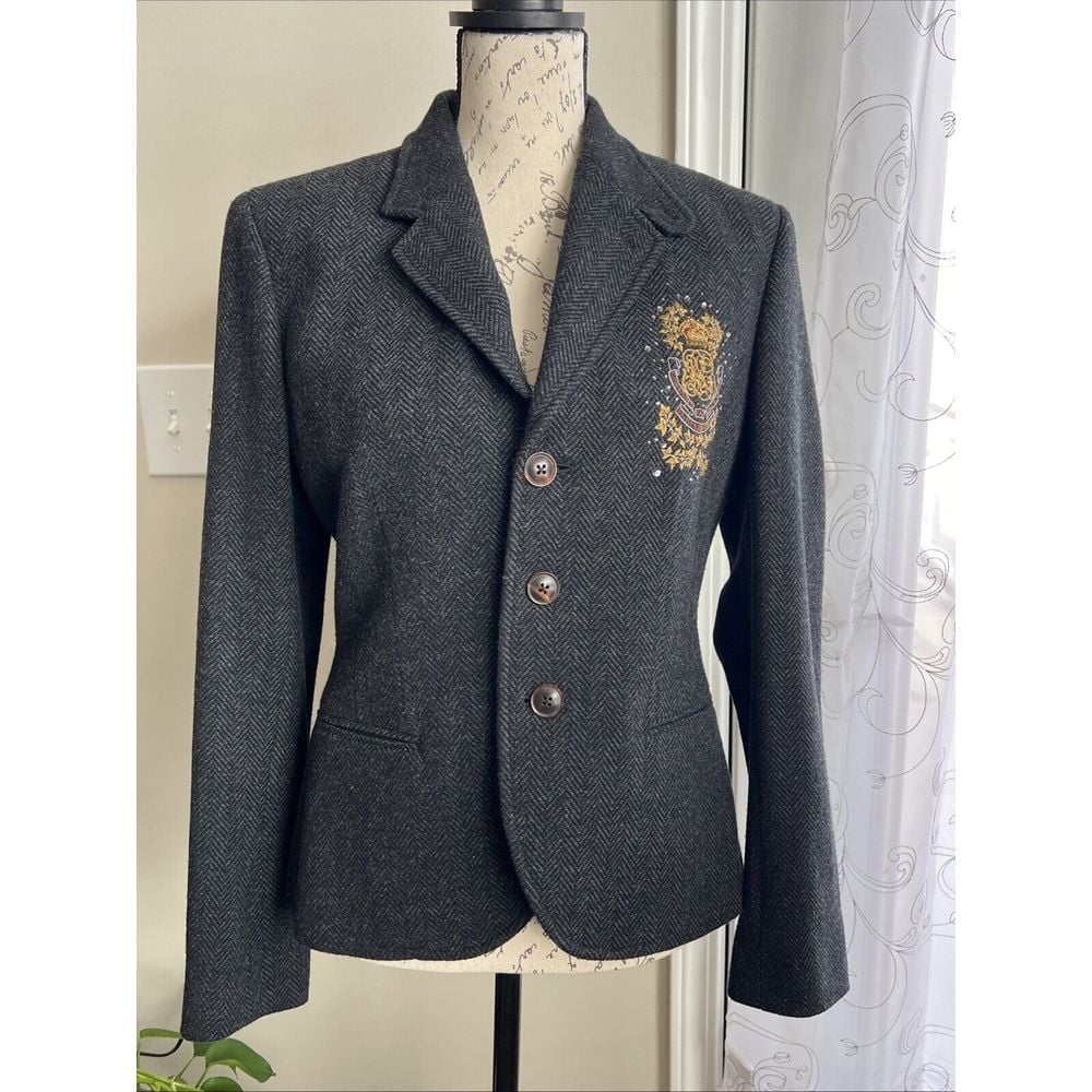 Ralph Lauren Lambs Wool Blazer Dk Gray Herringbone Sz 12 Crest Italian Made Rare