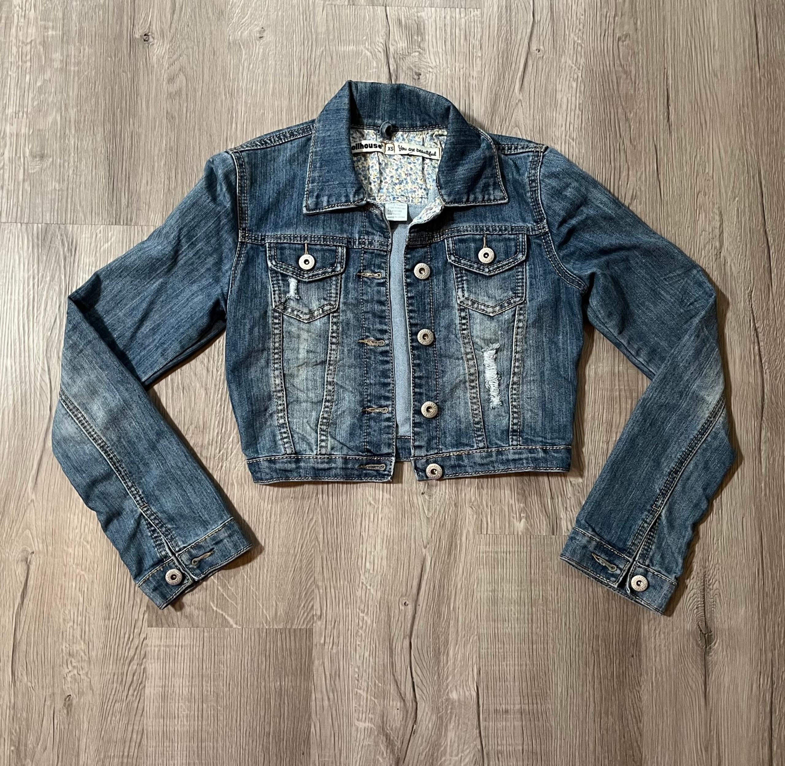 Dollhouse Cropped Distressed Blue Denim Micro Jean Jacket y2k 90s Button Up
