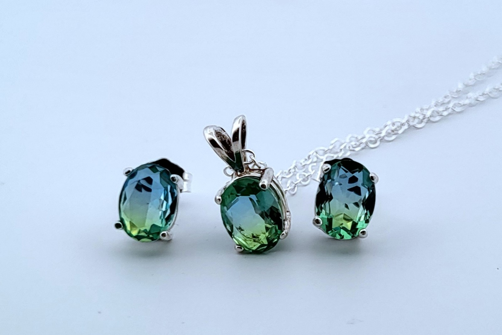 Oval Blue & Green Tourmaline Sterling Silver Earring & Necklace Set