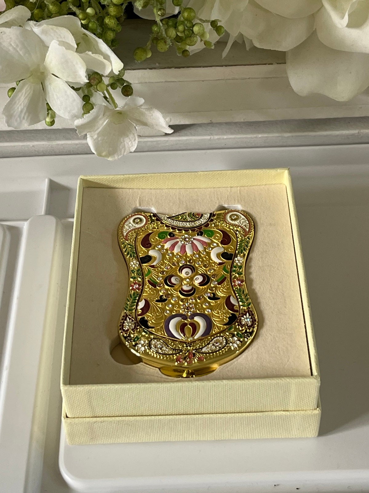 Linrun compact purse/travel mirror 2-mag pearl/crystal with gift box